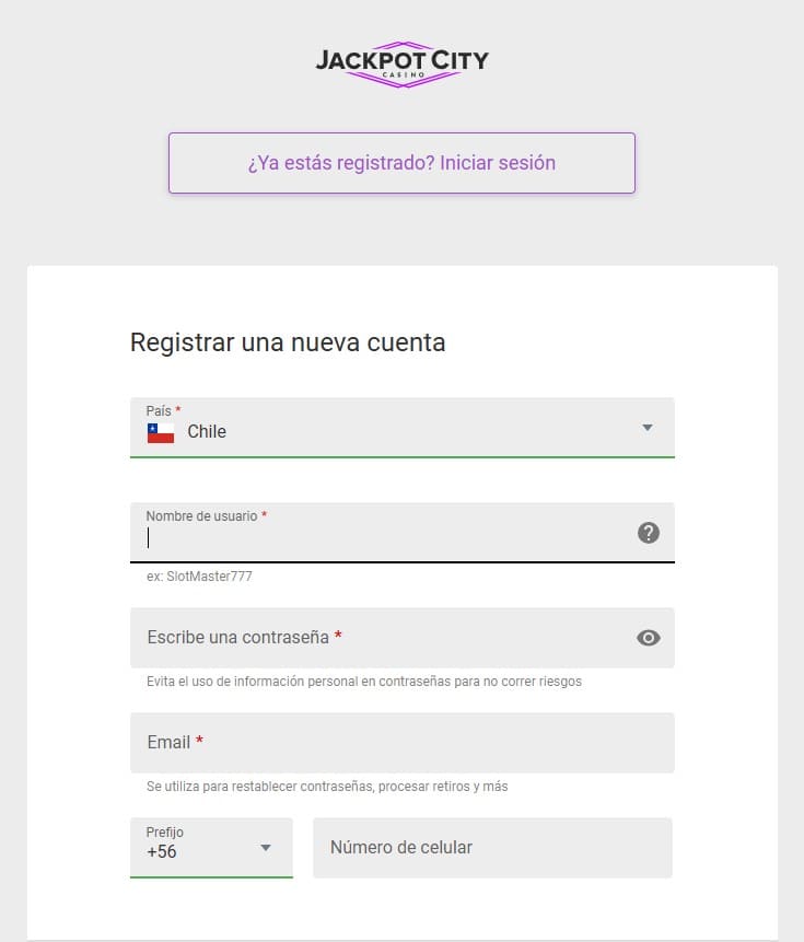 Registro en JackpotCity.